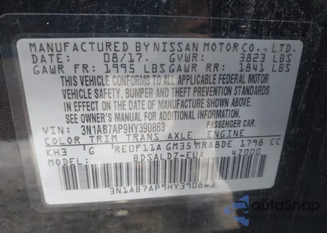 2017 Nissan Sentra Sv из США, поврежденный, VIN 3N1AB7AP9HY390863